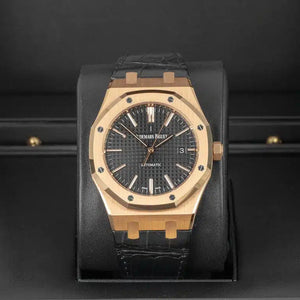 Audemars Piguet Royal Oak Selfwinding Black Dial 41mm Rose Gold Leather Strap Watch
