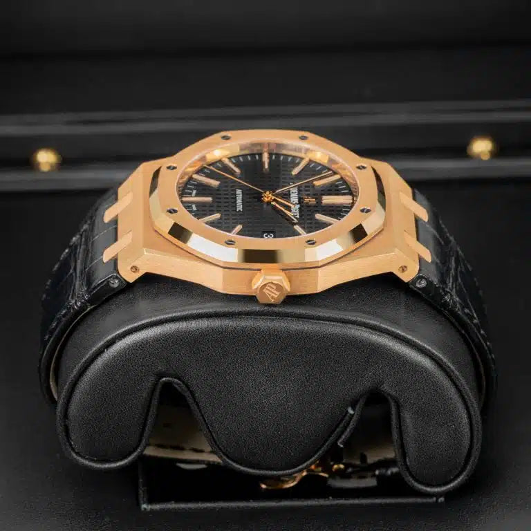 Audemars Piguet Royal Oak Selfwinding Black Dial 41mm Rose Gold Leather Strap Watch