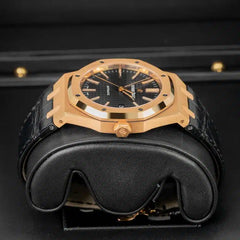 Audemars Piguet Royal Oak Selfwinding Black Dial 41mm Rose Gold Leather Strap Watch