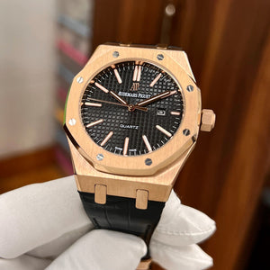 Audemars Piguet Royal Oak Selfwinding Black Dial 41mm Rose Gold Leather Strap Watch