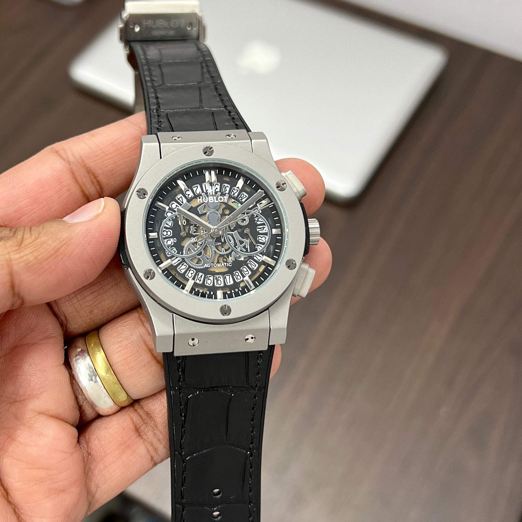 Hublot Big Bang For Men | Hublot Watches – Big Bang Calendar black Leather Strap Watch HBGS1 — zoomed view
