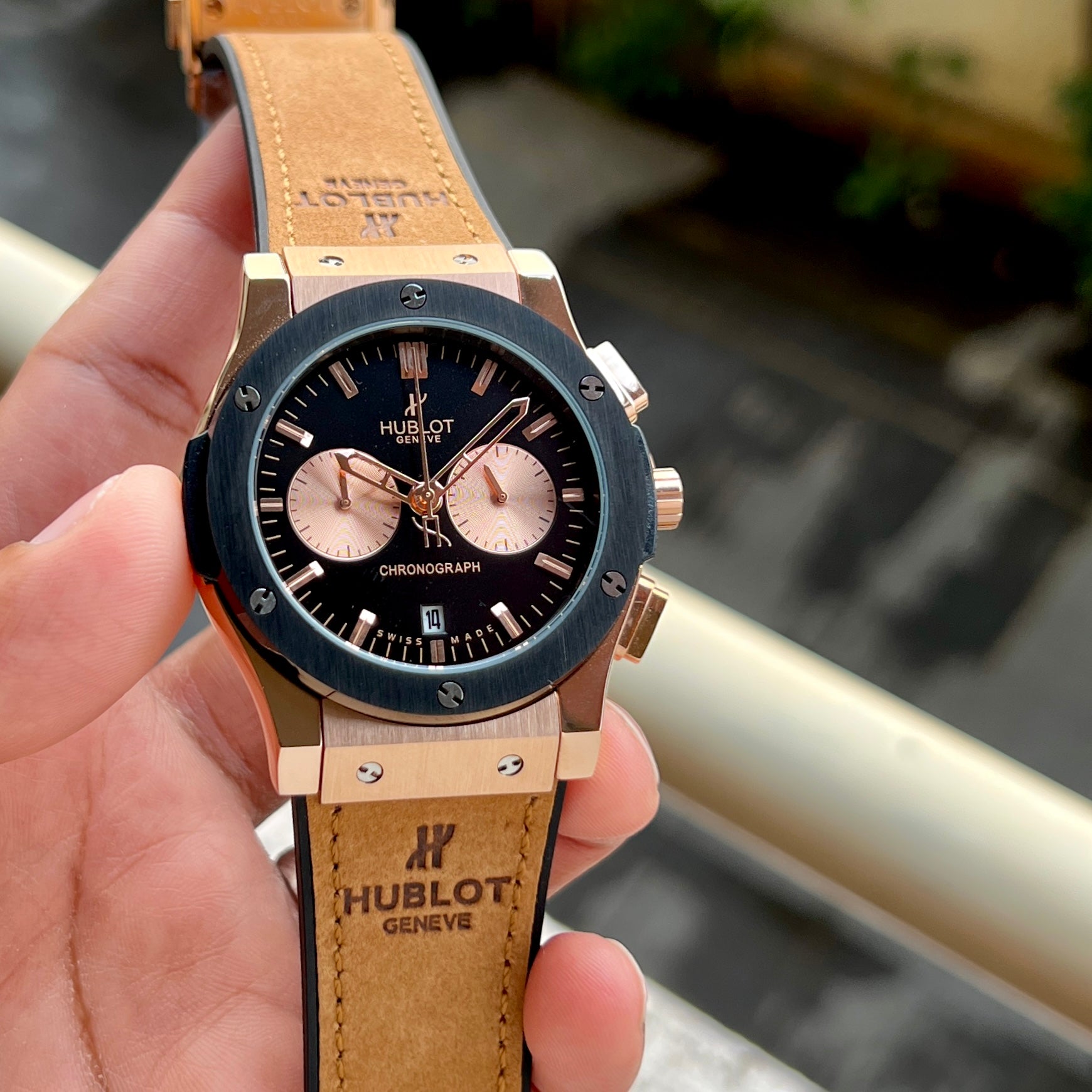 Buh Brown Strap Copper Ring Black Copper Dial Men Watch — zoomed view