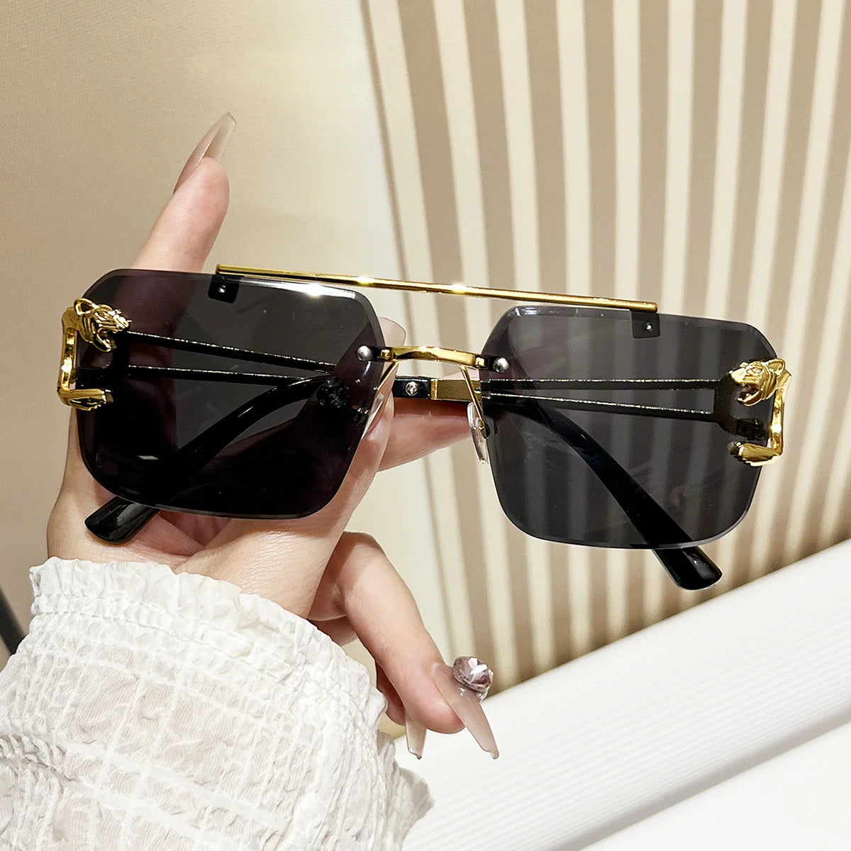 New Stylish Rimless Panther face Luxurious Gold Black UV-400 Unisex Fashion Sunglasses (Copy)