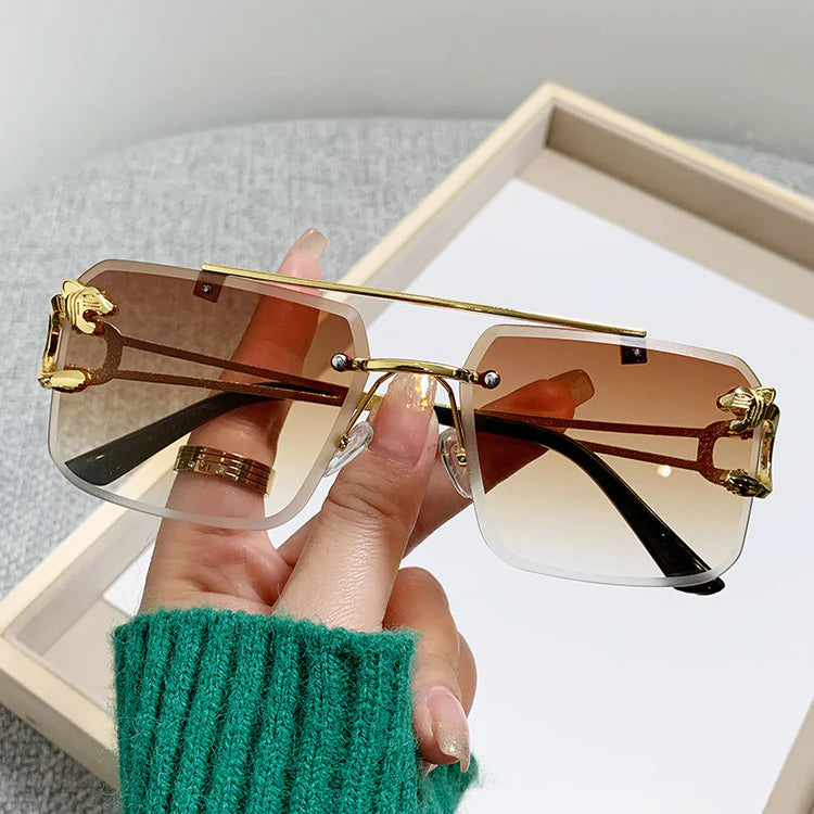 New Stylish Rimless Panther face Luxurious Gold Brown UV-400 Unisex Fashion Sunglasses (Copy)