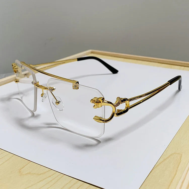 New Stylish Rimless Panther face Luxurious Golden White Transperant UV-400 Unisex Fashion Sunglasses