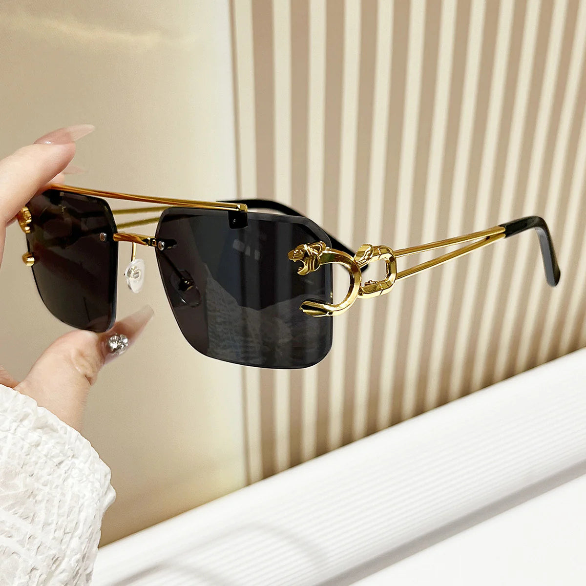 New Stylish Rimless Panther face Luxurious Gold Black UV-400 Unisex Fashion Sunglasses (Copy)