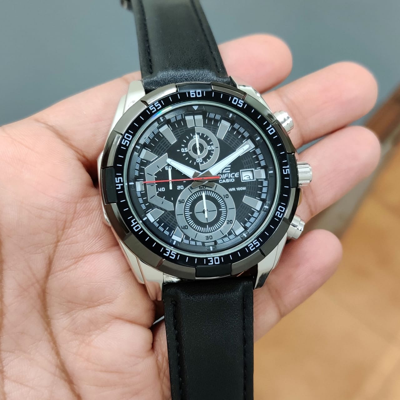 Casio Edifice EFR-539L-1AVUDF Black Analog Dial Black Leather Band Men's Watch Chronograph 100M Water Resistant EX193 — zoomed view