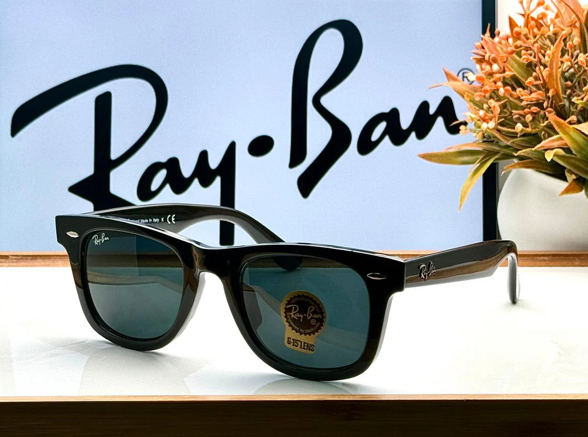 RB 2140 SHINY BLACK BLACK GLASS LENS WAYFARER UV-400 SUNGLASSES