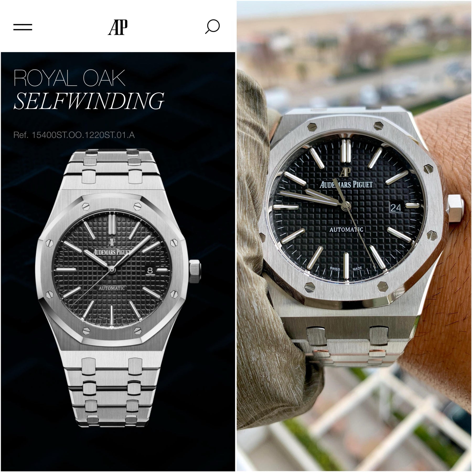 Audemars Piguet Royal Oak Model No: 15400ST.OO.1220ST.01  | Audemars Piguet AP Royal Oak Silver Black Metal — zoomed view
