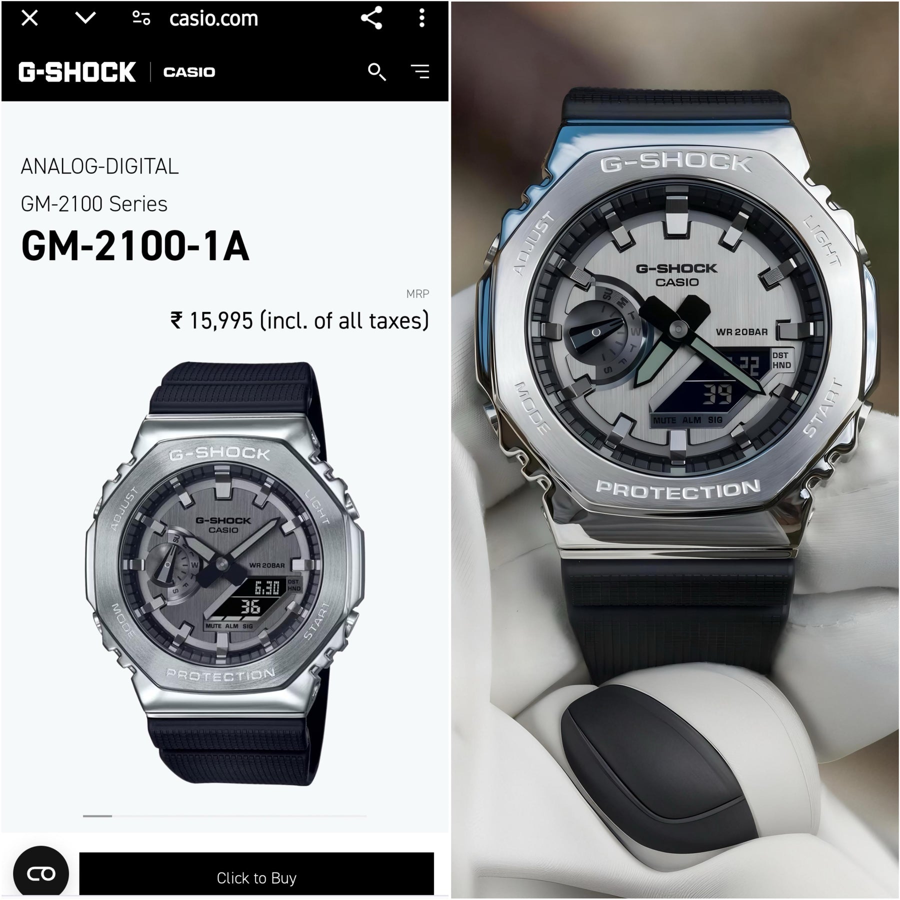 G-SHOCK Silver Dial Black Resin Strap Analog-Digital Watch - For Men G1159 (GM-2100-1ADR) — zoomed view