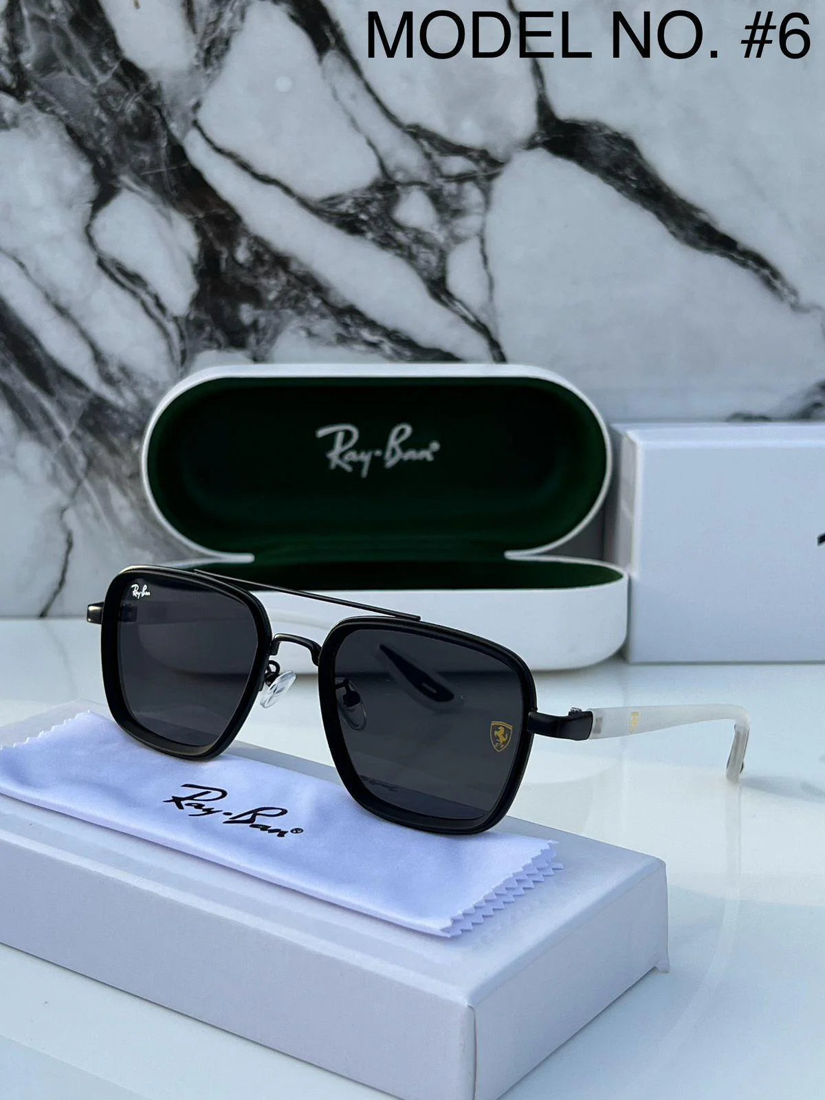 RB #6 METAL ALL BLACK WHITE LEG UV-400 SUNGLASSES — zoomed view