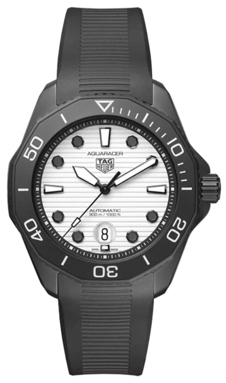 Tag Heuer Aquaracer Professional 300 Automatic White Dial Black Rubber Strap Watch for Men