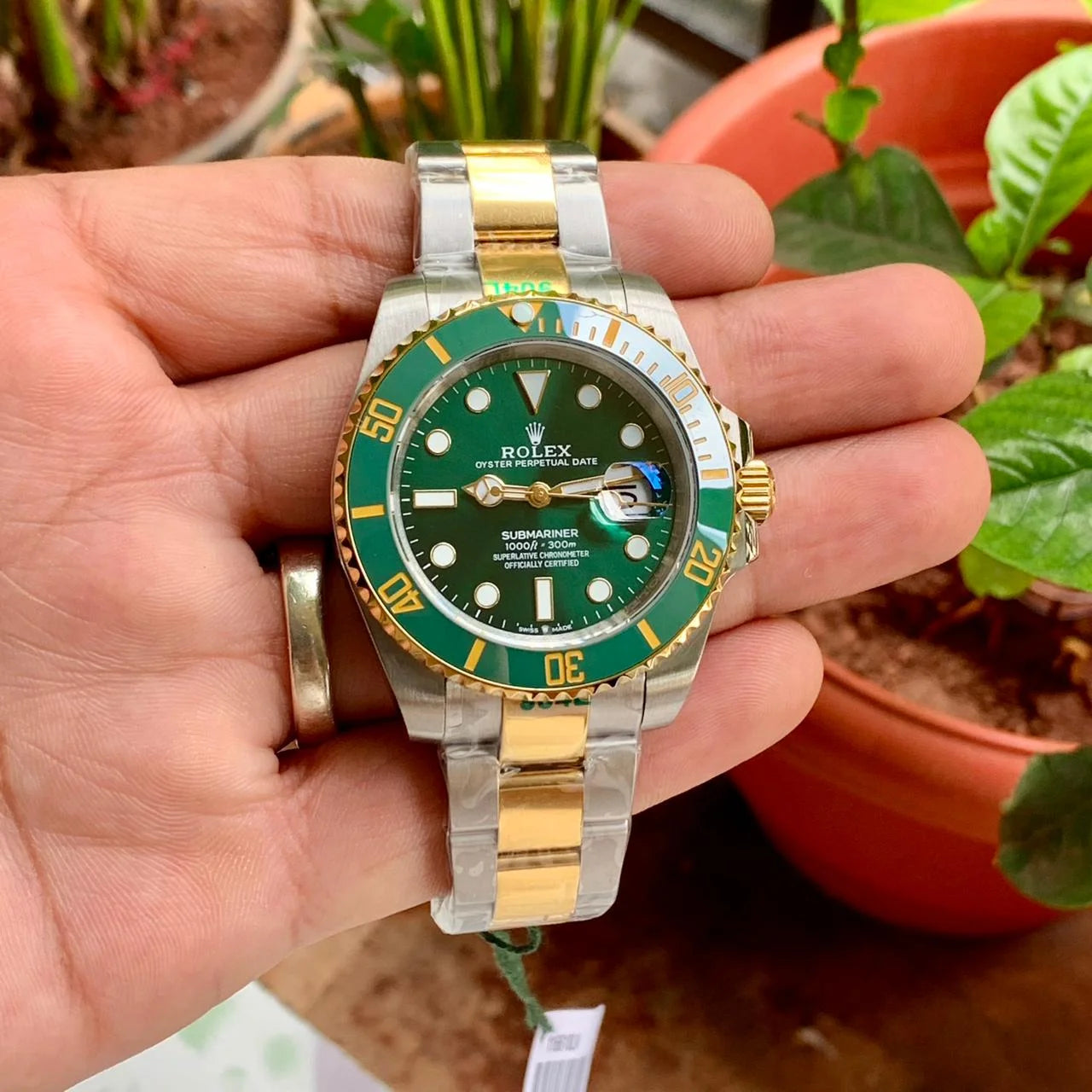 Rolex Silver Gold Green Automatic Chain Watch For Men — zoomed view