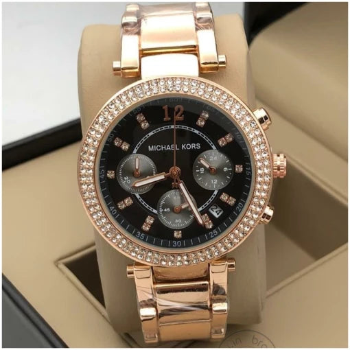 Michael Kors Gold Starp Women’s Chronograph Mk-2650 Watch For Girl Or Woman Black Dial Diamond Case Date Best Gift For Women