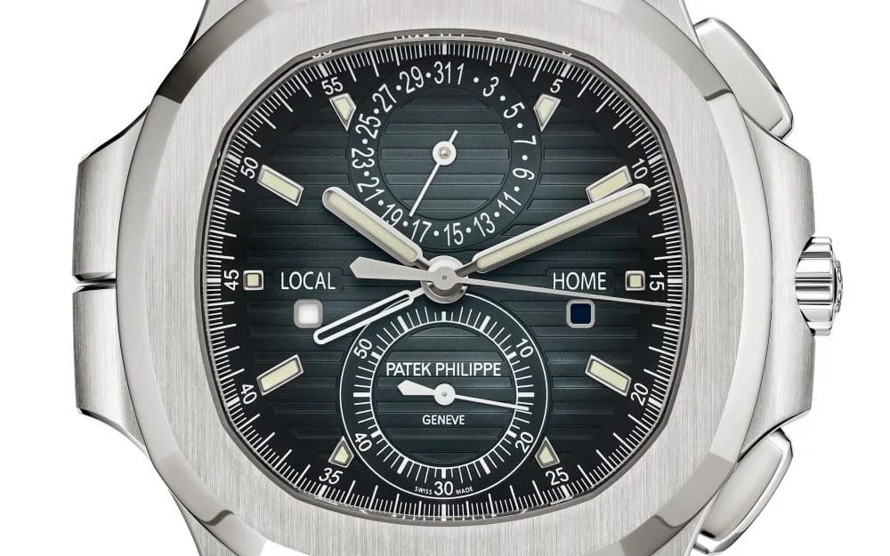 Patek Philippe Nautilus Travel Time Chronograph 5990/1A Blue Dial New — zoomed view