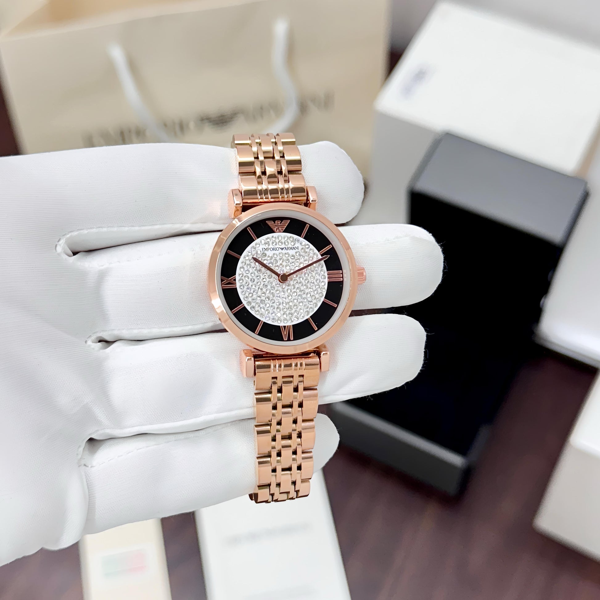 stainless steel rose gold watch Featuring Diamond face in the middle dial