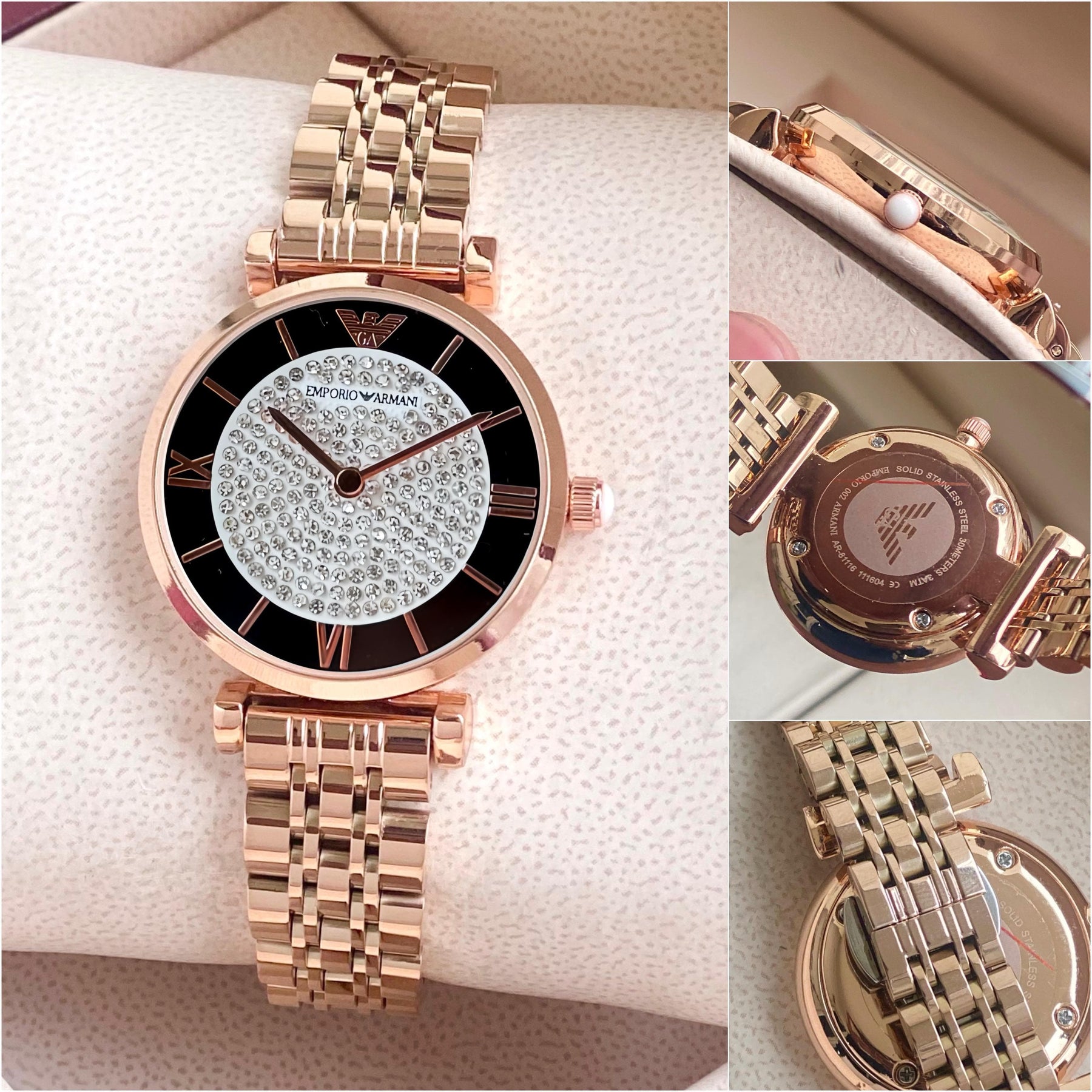 stainless steel rose gold watch Featuring Diamond face in the middle dial — zoomed view