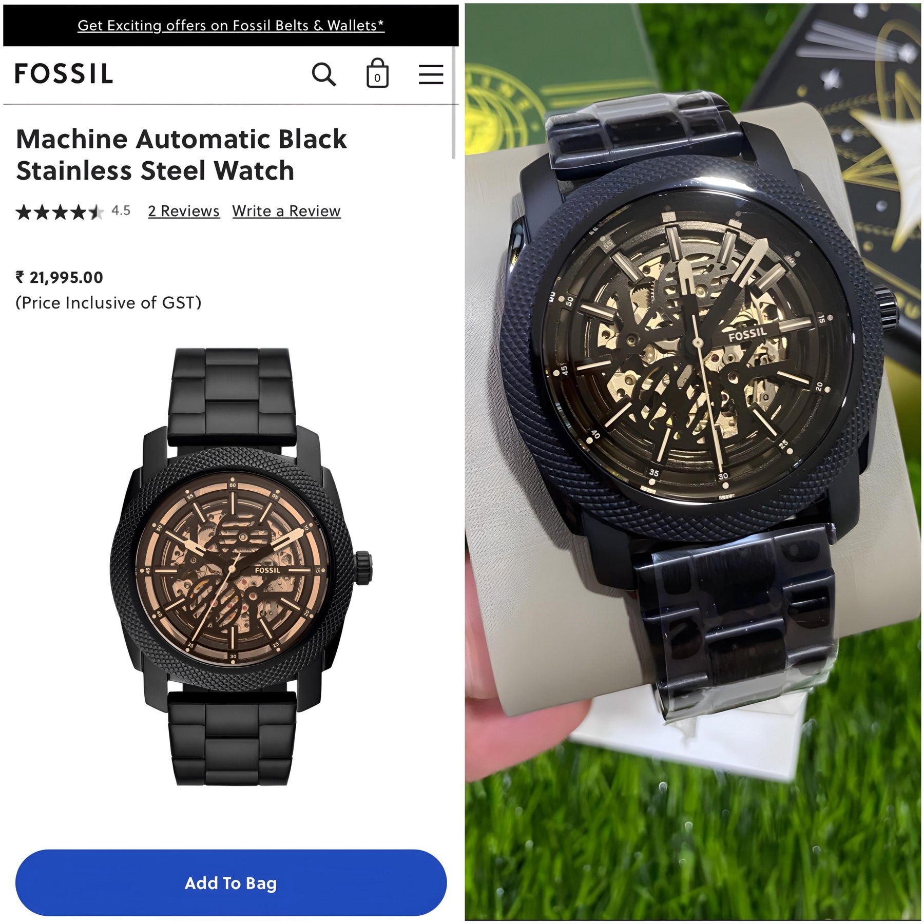 Machine Automatic Black Stainless Steel Watch — zoomed view