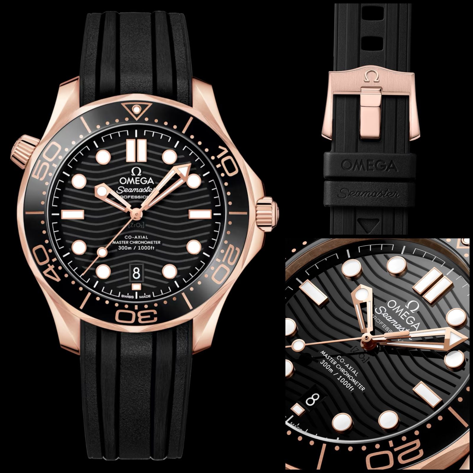 Omega Seamaster Diver 300M all black & Golden — zoomed view