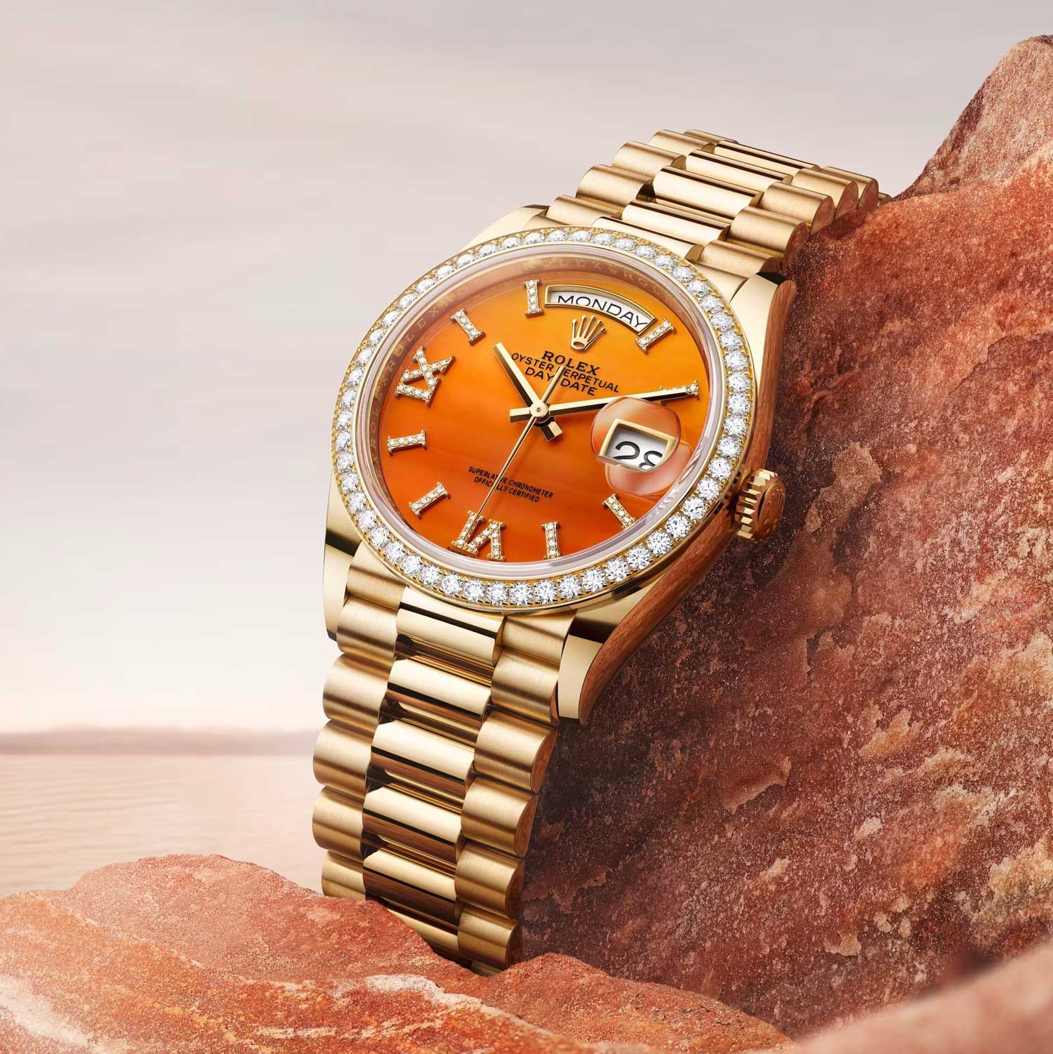 Rolex Day Date Golden Diamond Bazel Ring — zoomed view