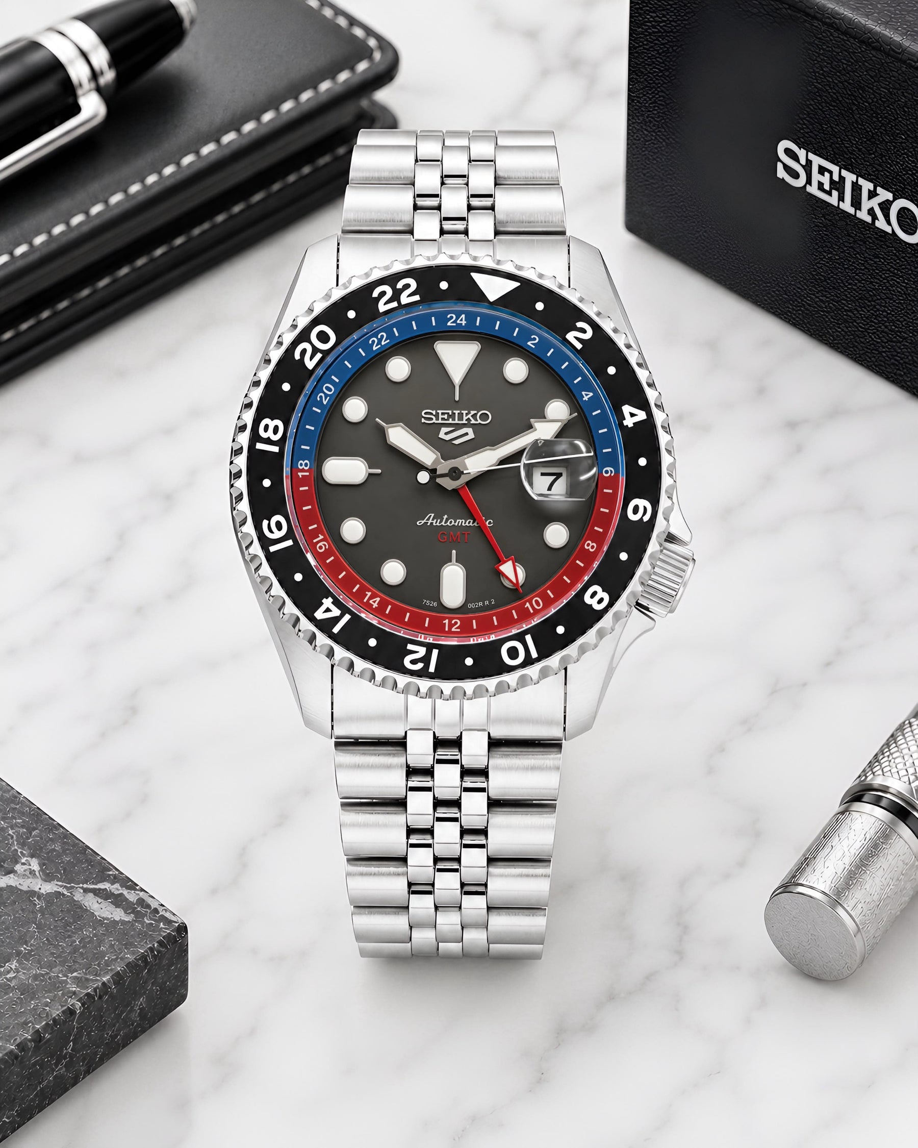 Seiko 5 Sports GMT watch — zoomed view