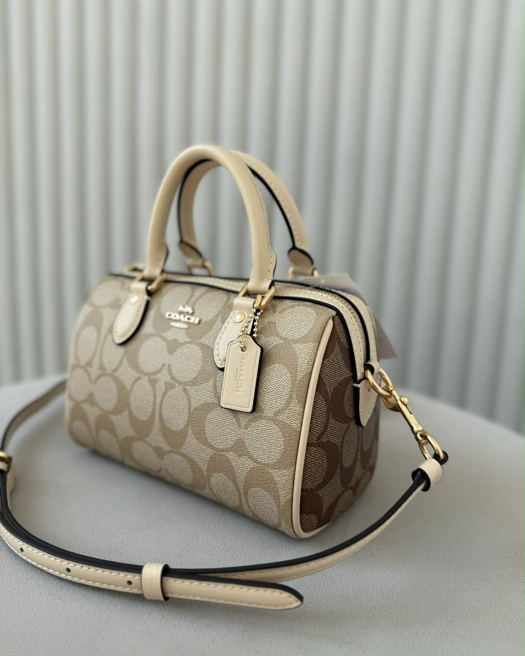 Coach Mini Rowan Bag Charm In Signature Canvas Signature Canvas-Gold-Tan-Brown
