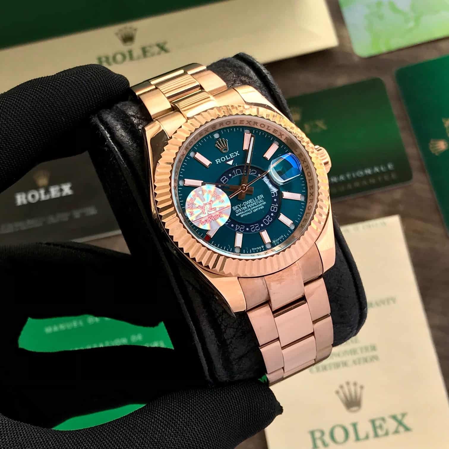 Rolex SkyDweller Rose Gold Blue Dial Oyster Chain Automatic Mens Watch — zoomed view