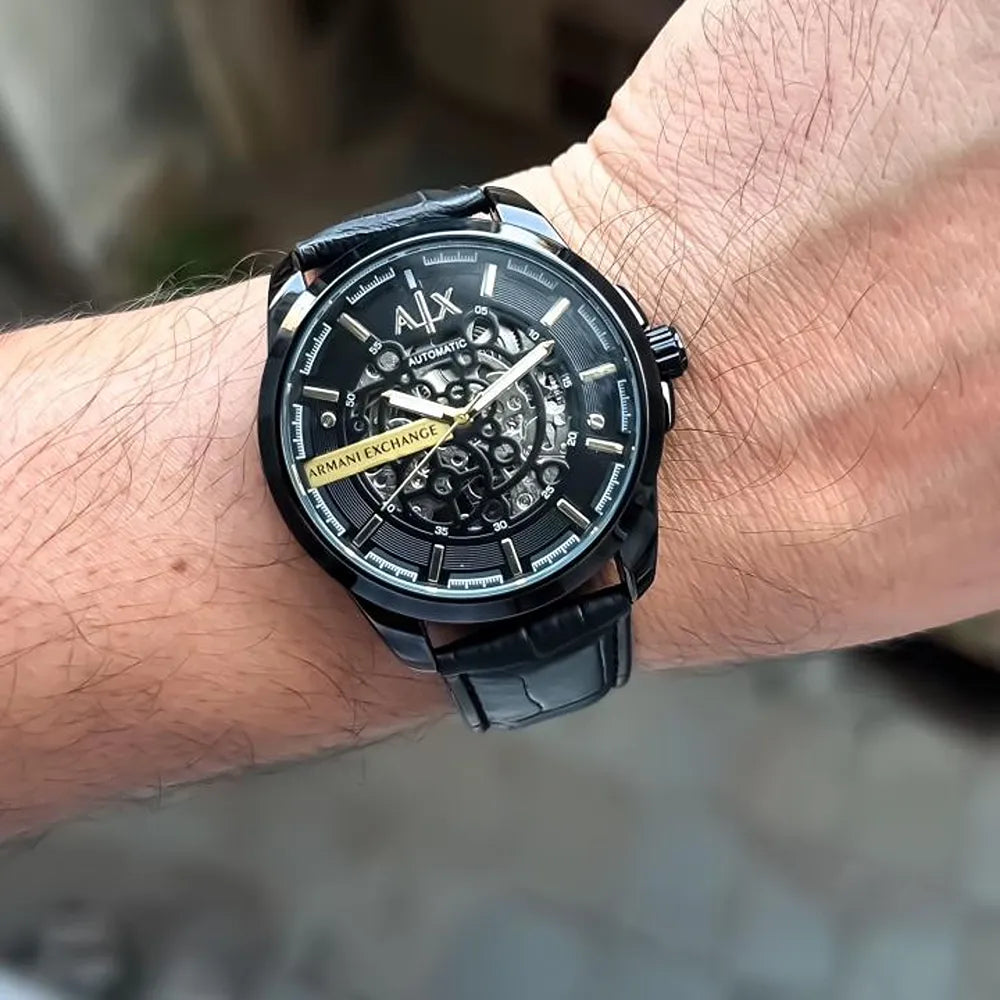 Armani Watch Auto Black Leather For Men