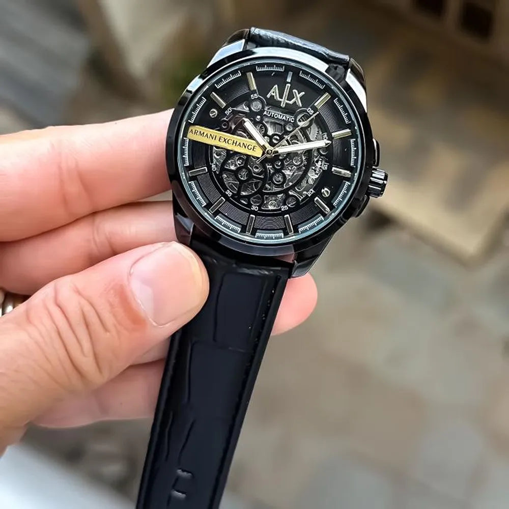 Armani Watch Auto Black Leather For Men