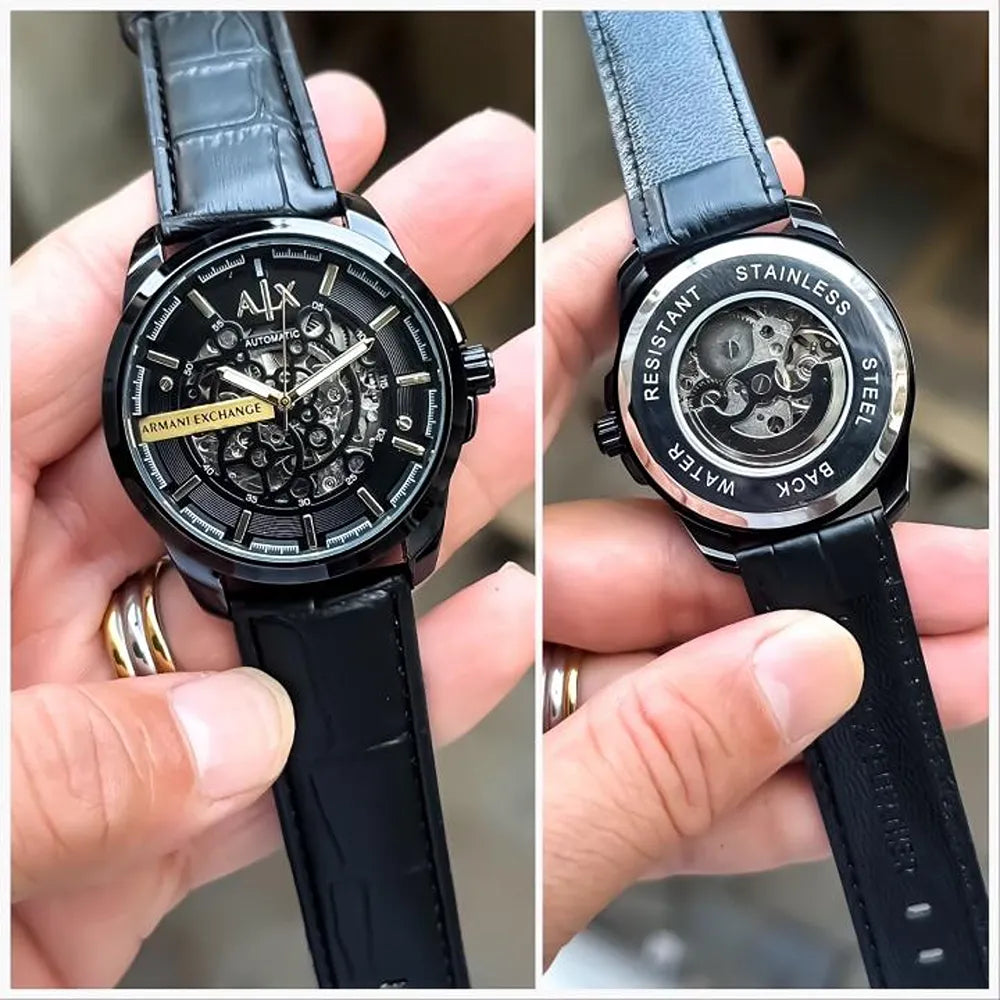 Armani Watch Auto Black Leather For Men — zoomed view