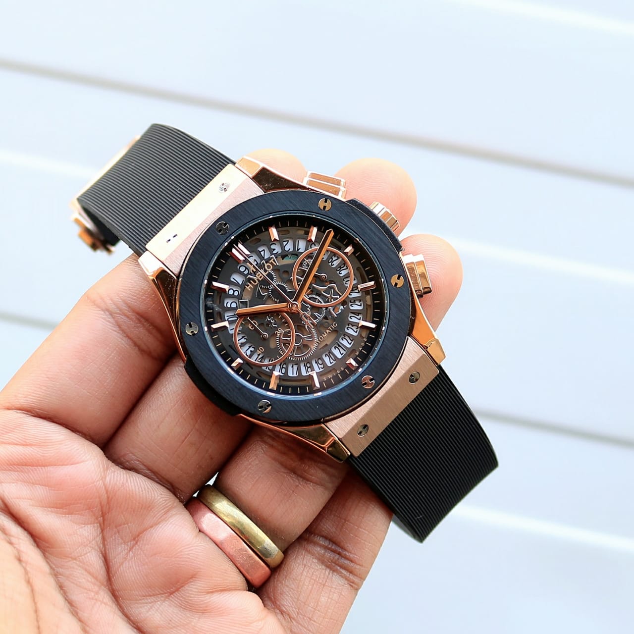 Black Strap Copper Dial Chrono Men Watch 401133