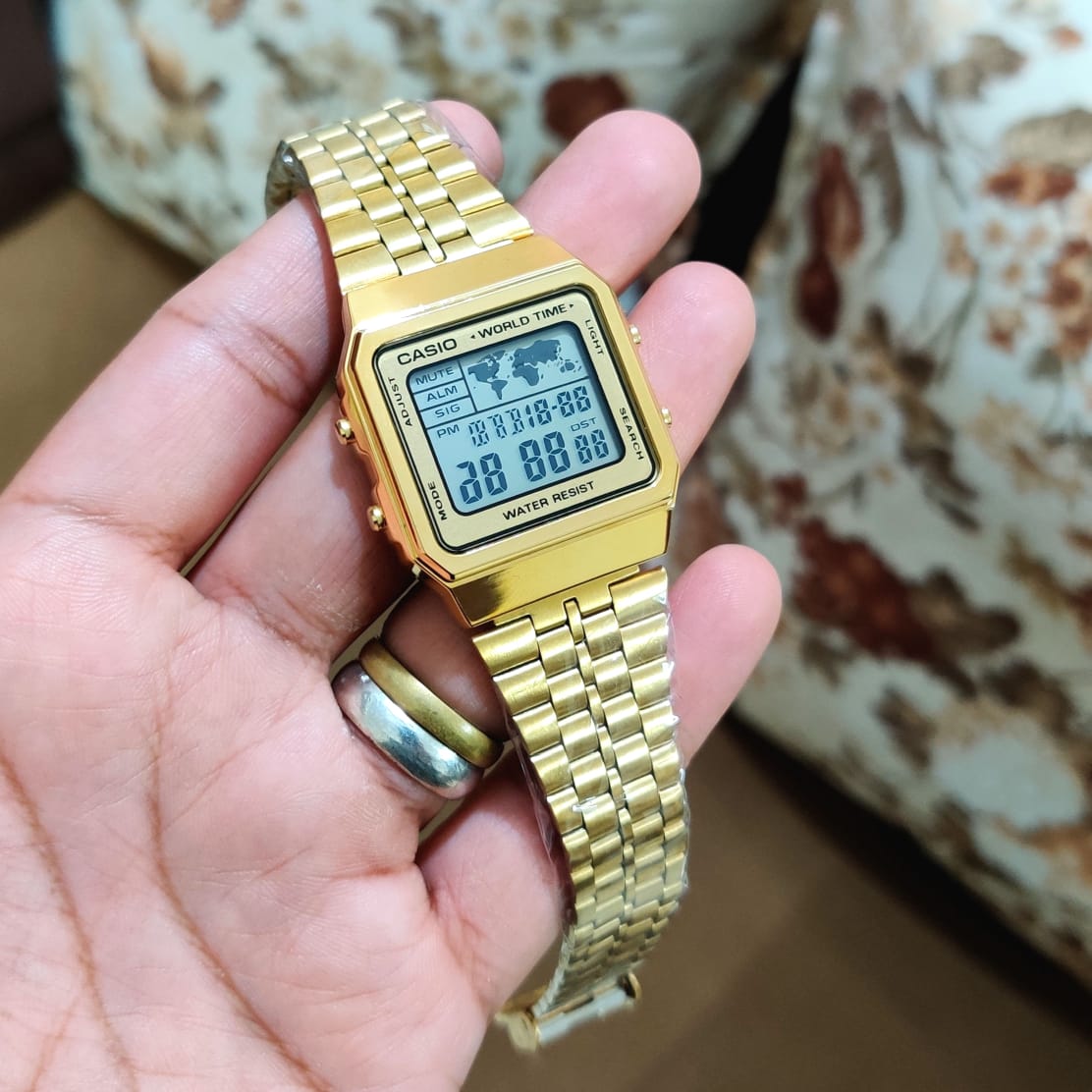 Square Casio Vintage Chronograph Unisex Gold Watch — zoomed view