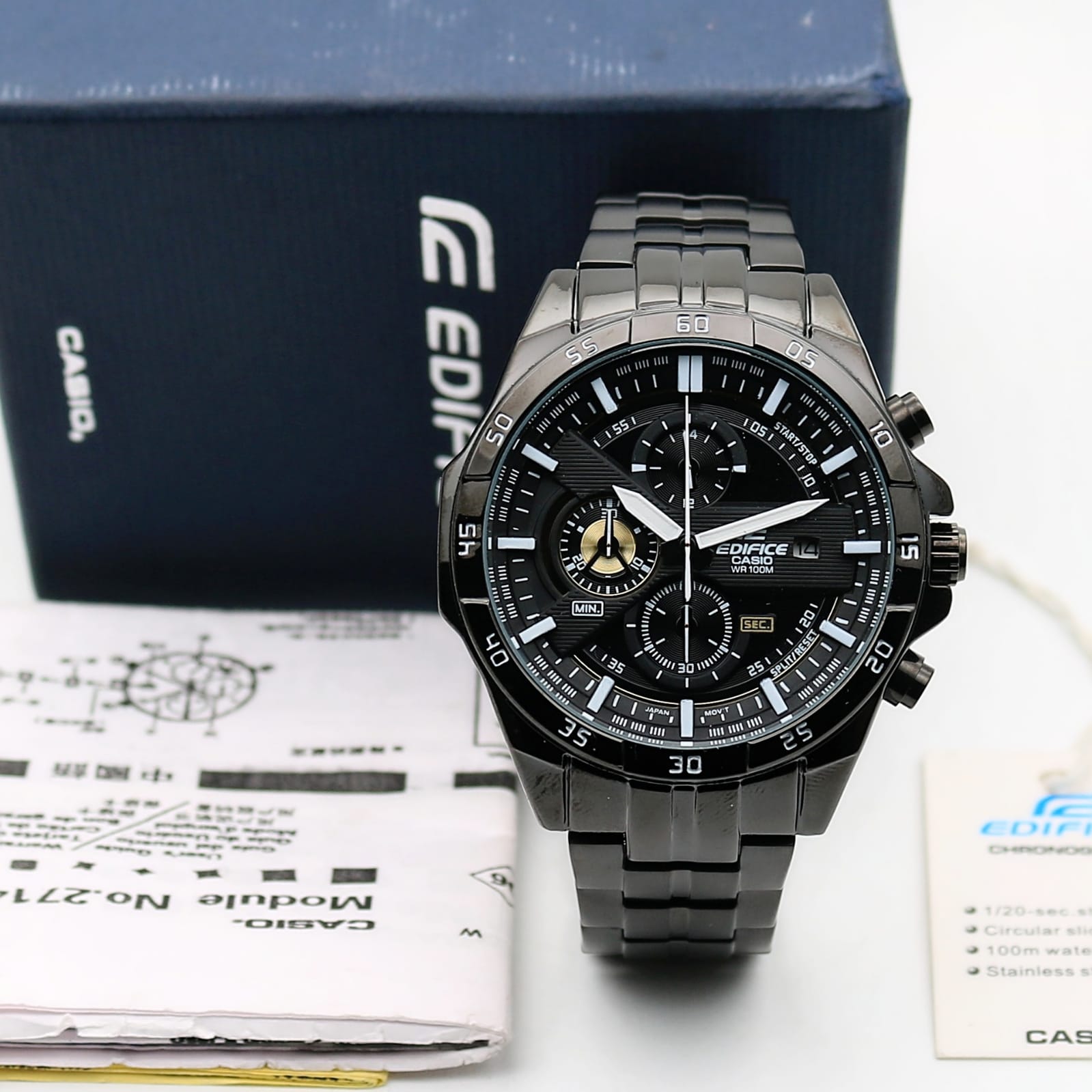 Casio EDifice EFR-556DC-1AVUDF Black Analog Dial Black Stainless Steel Band Men's Watch Chronograph 100M Water Resistant EX493 — zoomed view