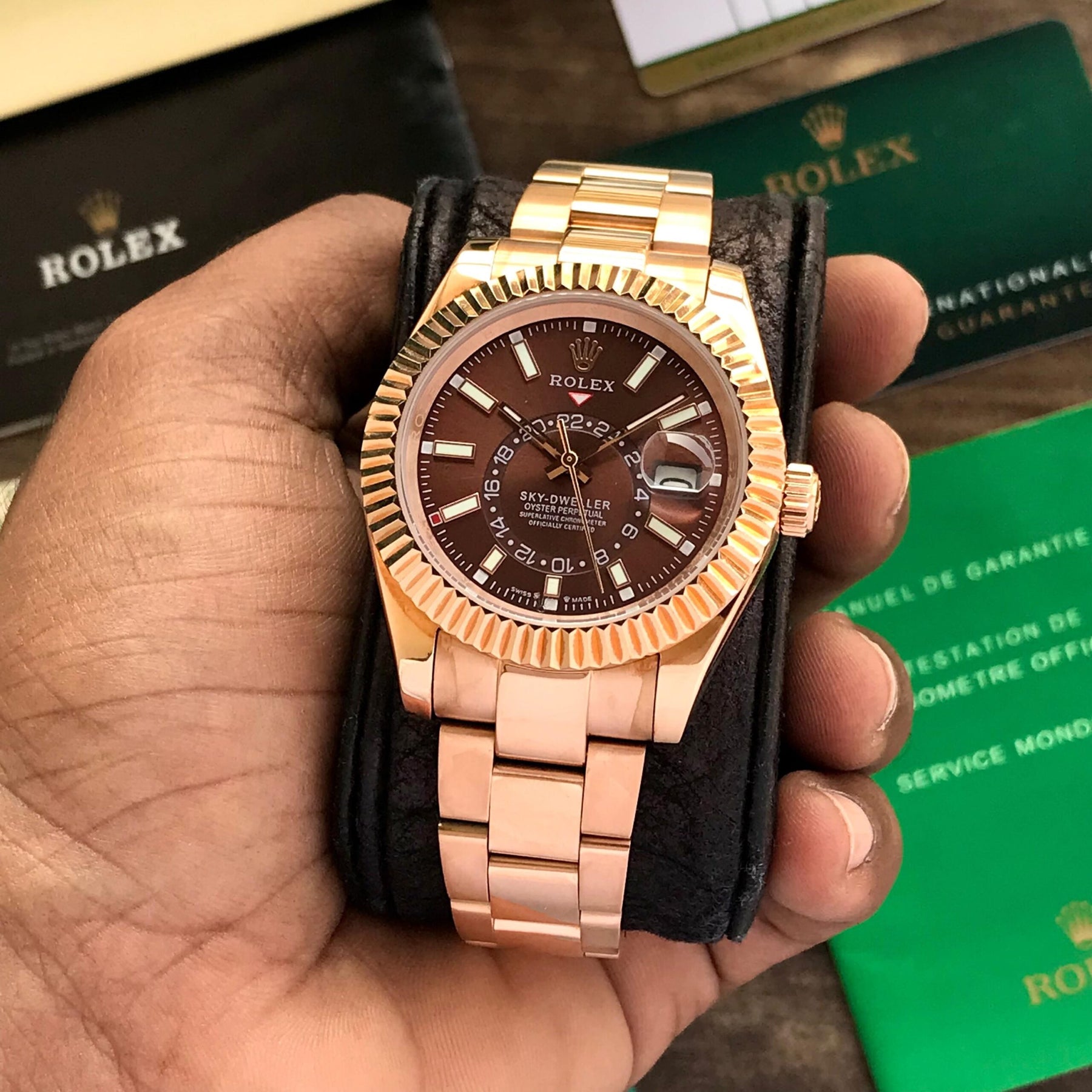 Rolex SkyDweller Rosegold Brown Dial Japanese Automatic Mens Watch — zoomed view