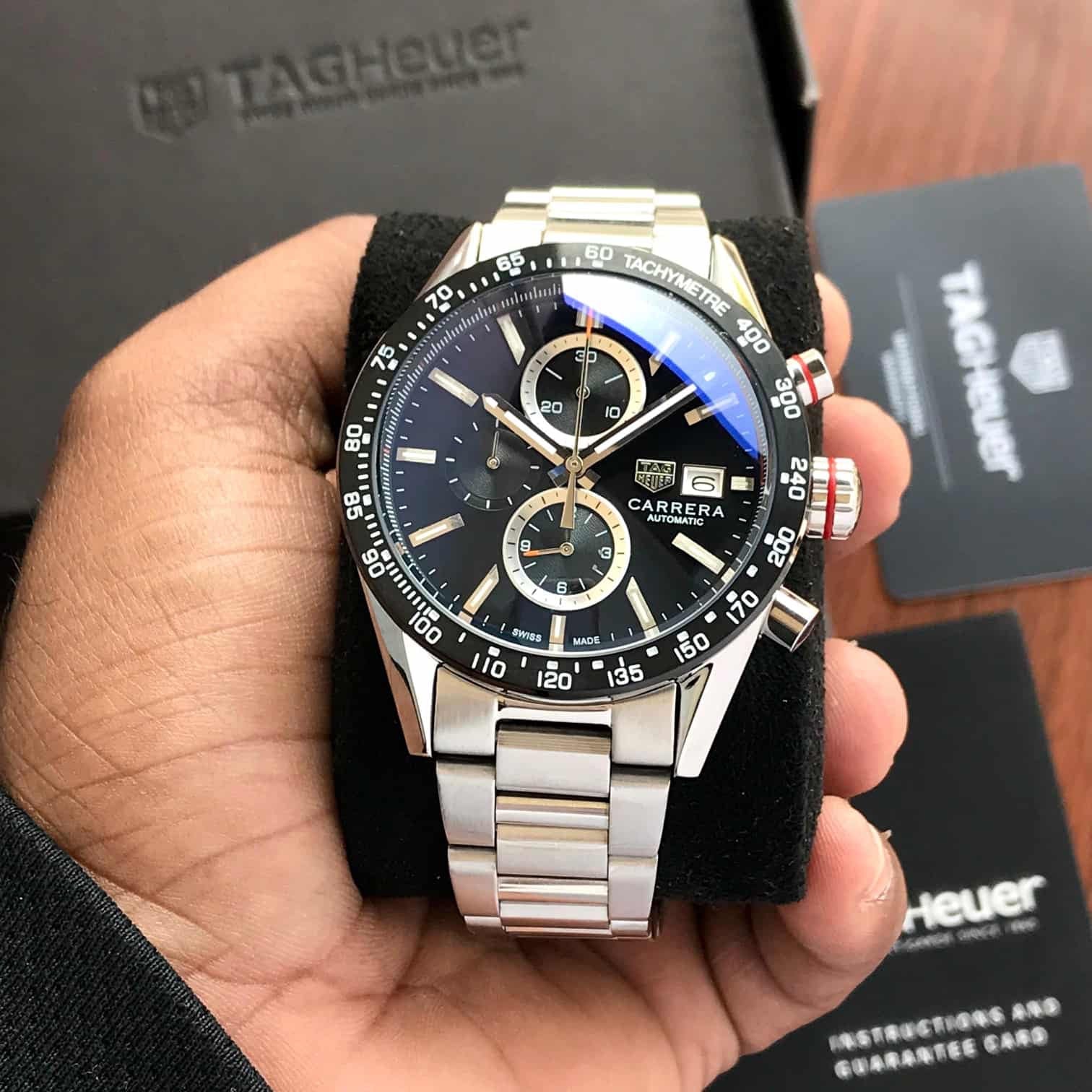 Tag Heuer Calibre 16 Silver Black Dial Japanese Quartz Chronograph’s Mens Watch — zoomed view
