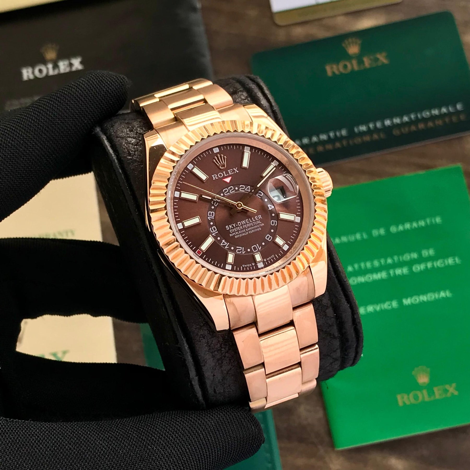 Rolex SkyDweller Rosegold Brown Dial Japanese Automatic Mens Watch — zoomed view