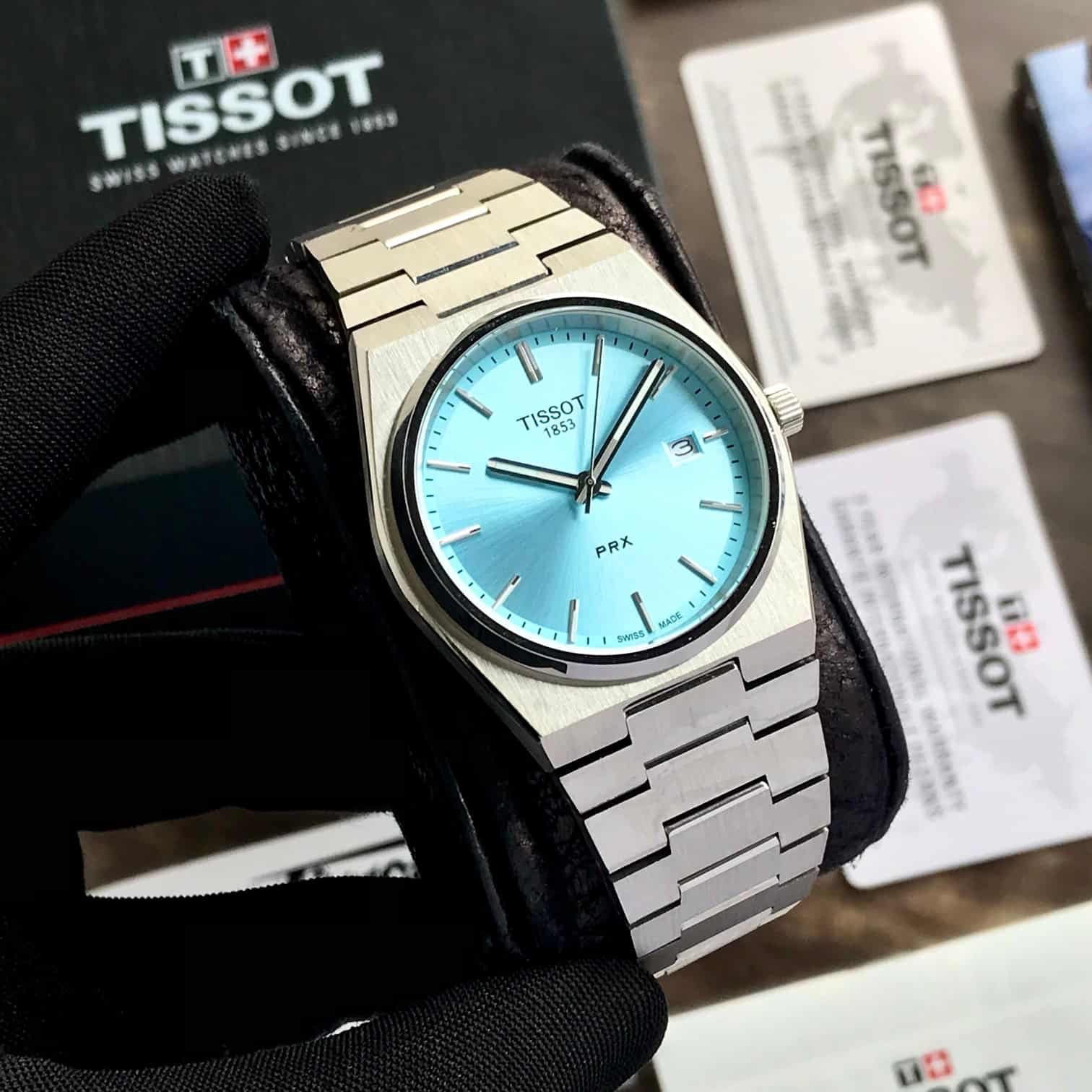 Tissot PRX Stainless Steel Tiffany Blue Dial Japanese Mens Watch — zoomed view