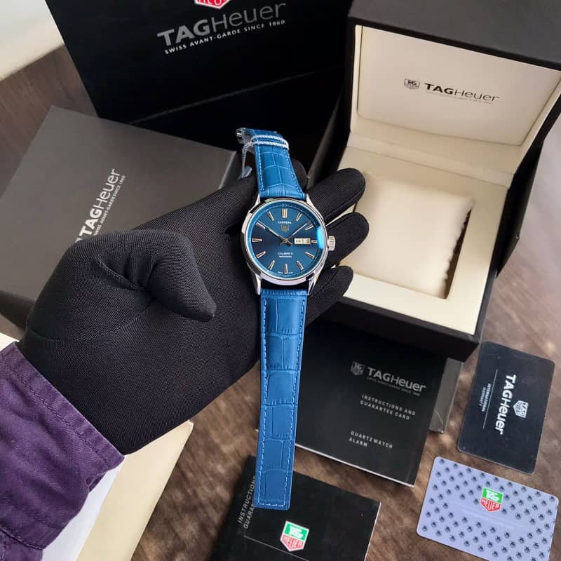 Tag Heuer Grand Carrera Calibre 5 Day Date Blue Dial & Blue Leather Strap Swiss Japanese Automatic Machinery Mens Watch