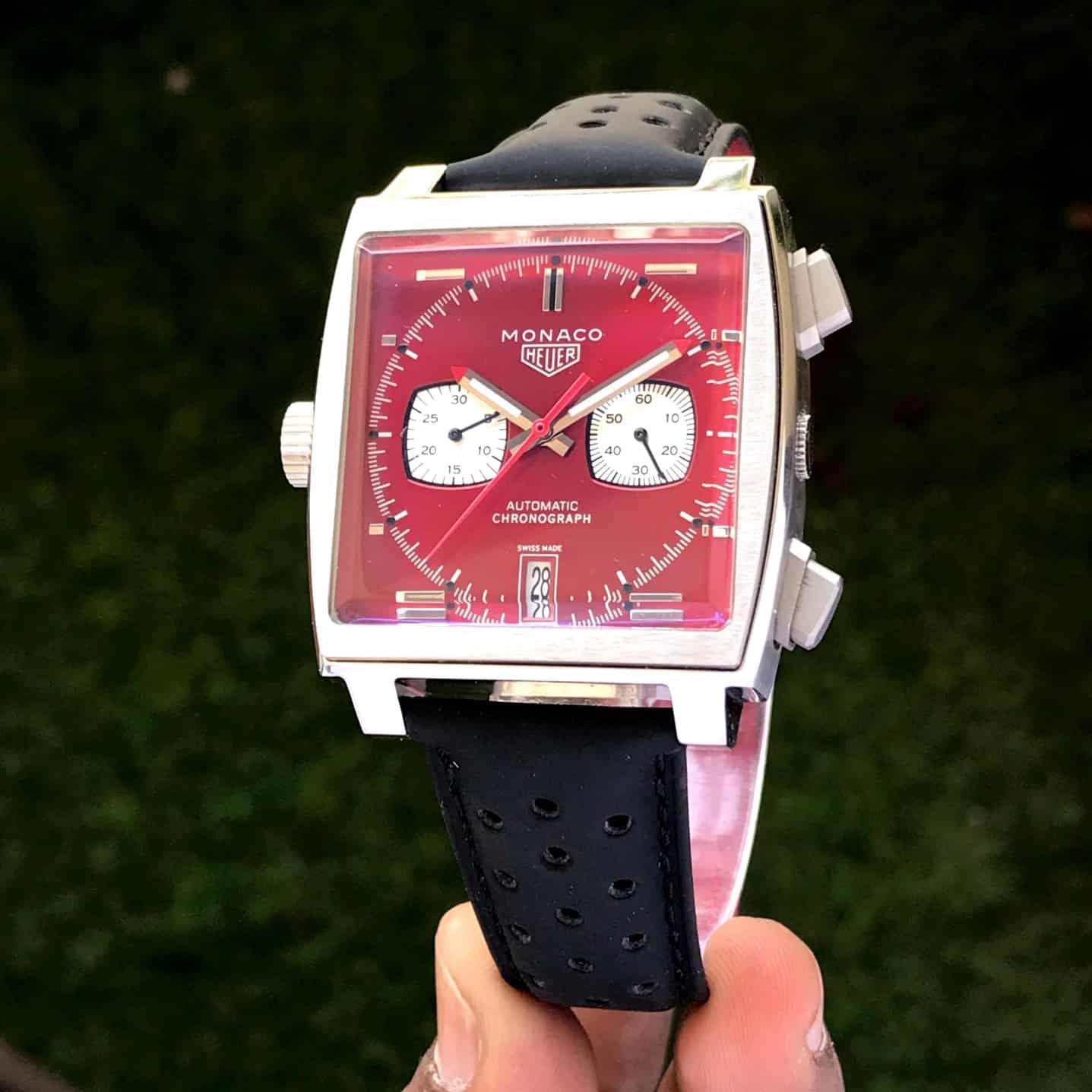 Tag Heuer Monaco Stainless Steel Red Dial Japanese Mens Watch — zoomed view