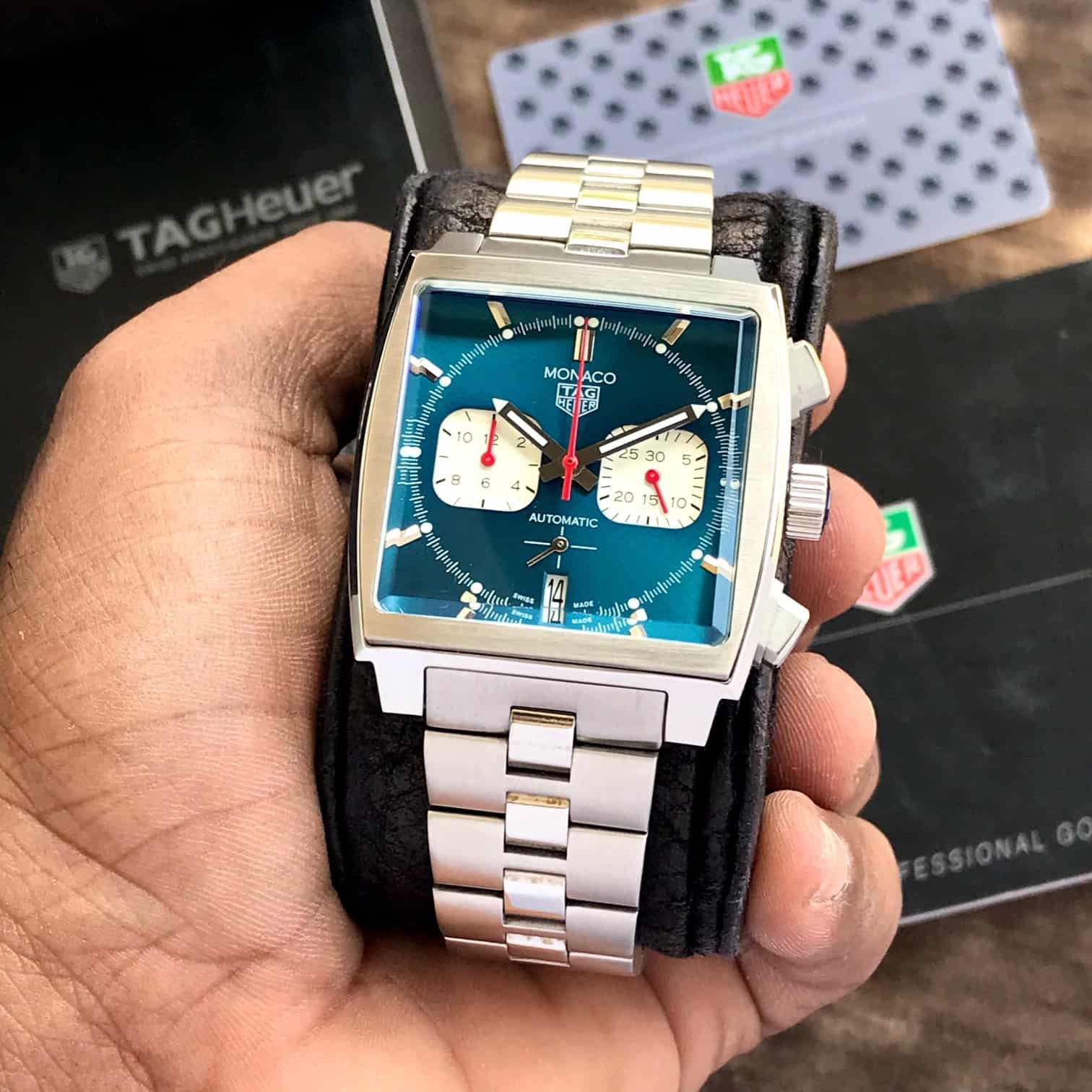 Tag Heuer Monaco Japanese Stainless Steel Blue Dial Mens Watch — zoomed view