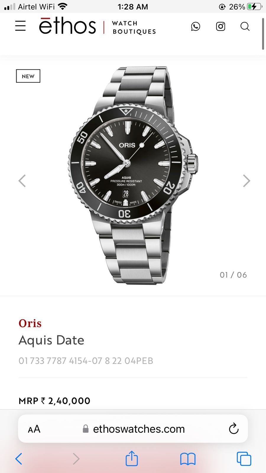 Oris Aquis Date Authentic Automatic Silver Black Dial Men’s Watch