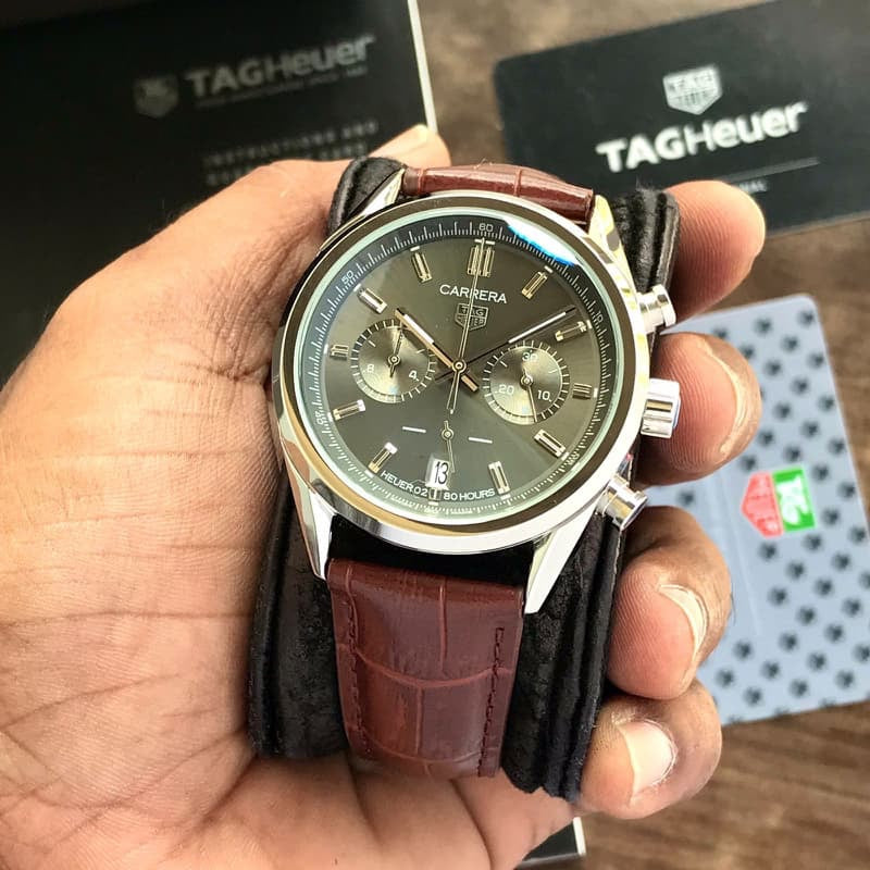 Tag Heuer Carrera Japanese Machinery Grey Dial & Brown Leather Strap Master Quality Mens Watch — zoomed view