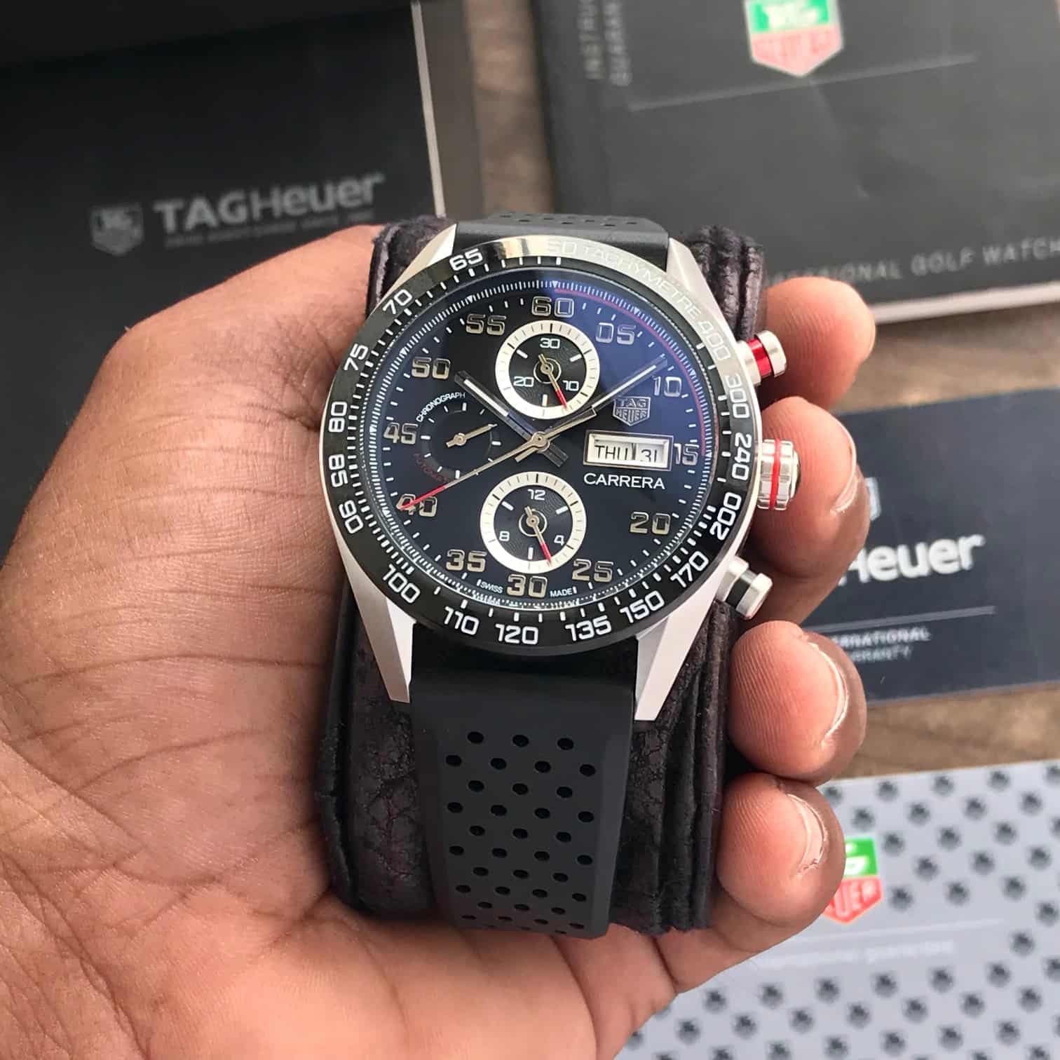 Tag Heuer Carrera Steel & Ceramic Automatic Black Fiber Men’s Watch — zoomed view