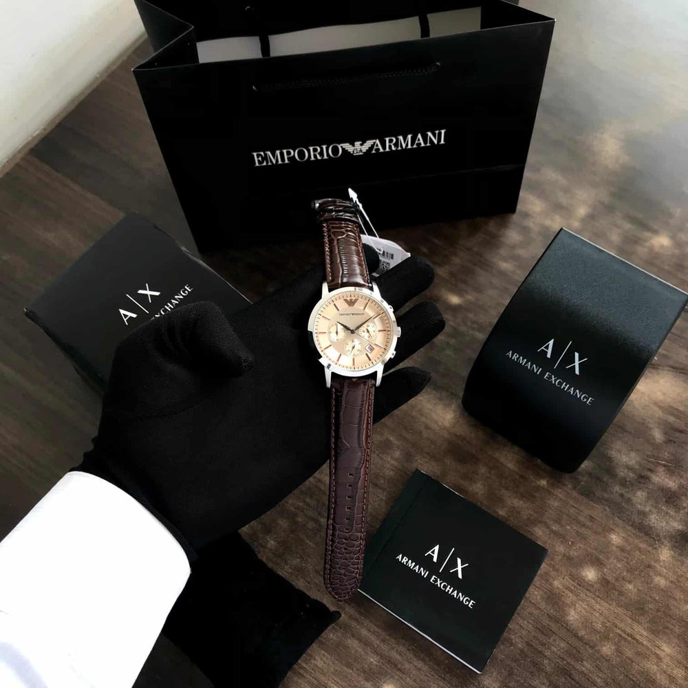 Emporio Armani AR2433 Chronograph Beige & Brown Leather Strap Mens Watch