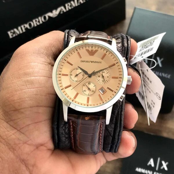 Emporio Armani AR2433 Chronograph Beige & Brown Leather Strap Mens Watch — zoomed view