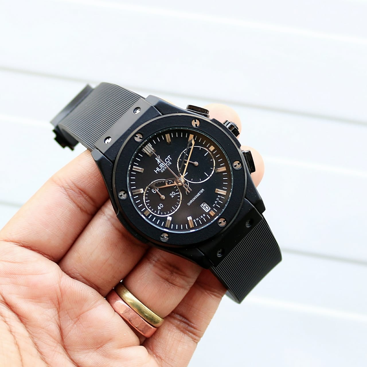 Hublot Classic Fusion Chronograph Full Black Rubber Strap Watch — zoomed view