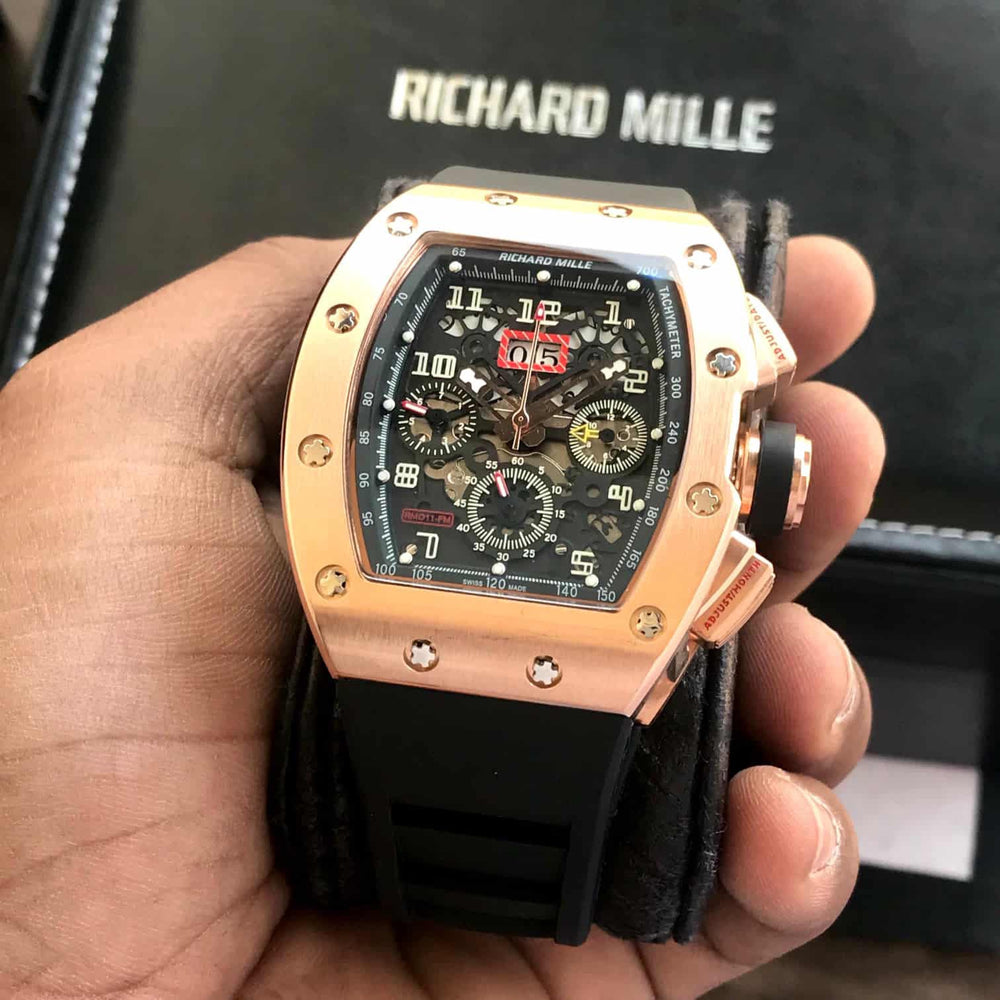 Richard Mille RM011-FM RoseGold Black Dial Swiss Automatic Premium Mens Watch