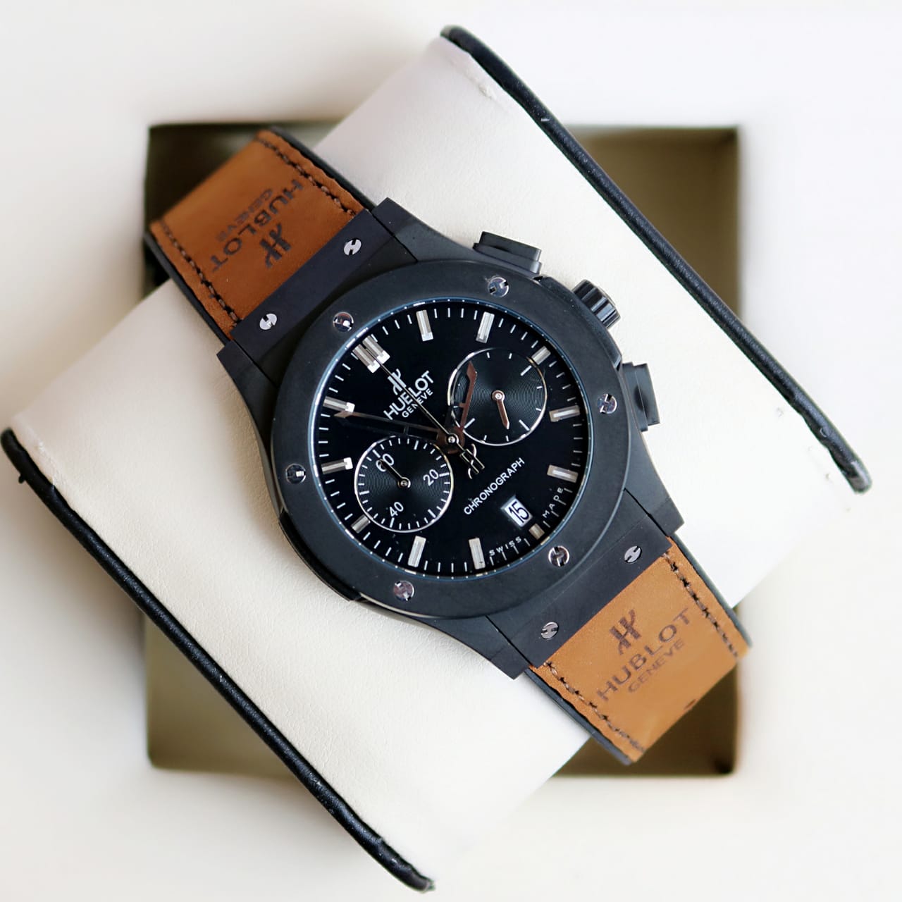 Hublot Brown Black Dial Leather Belt Watch — zoomed view