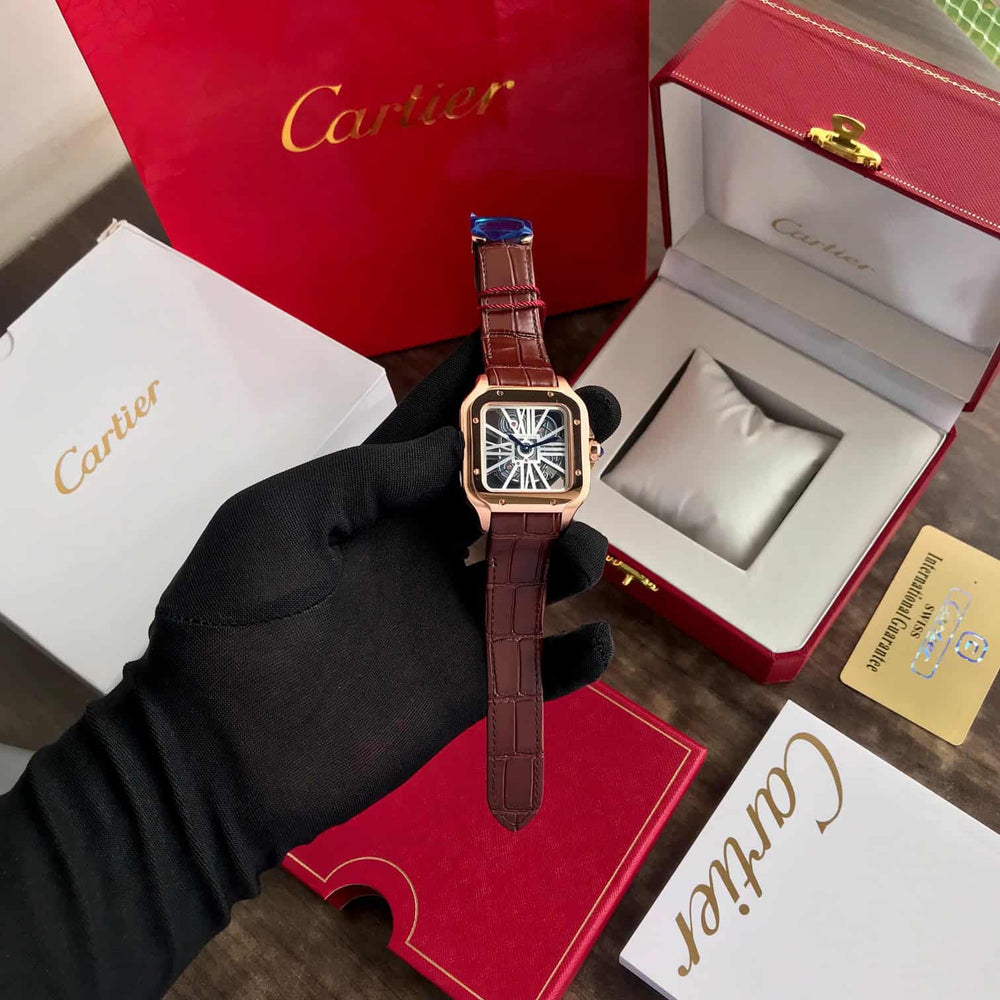 Cartier Santos De Skeleton Brown Leather Strap Automatic Mens Watch