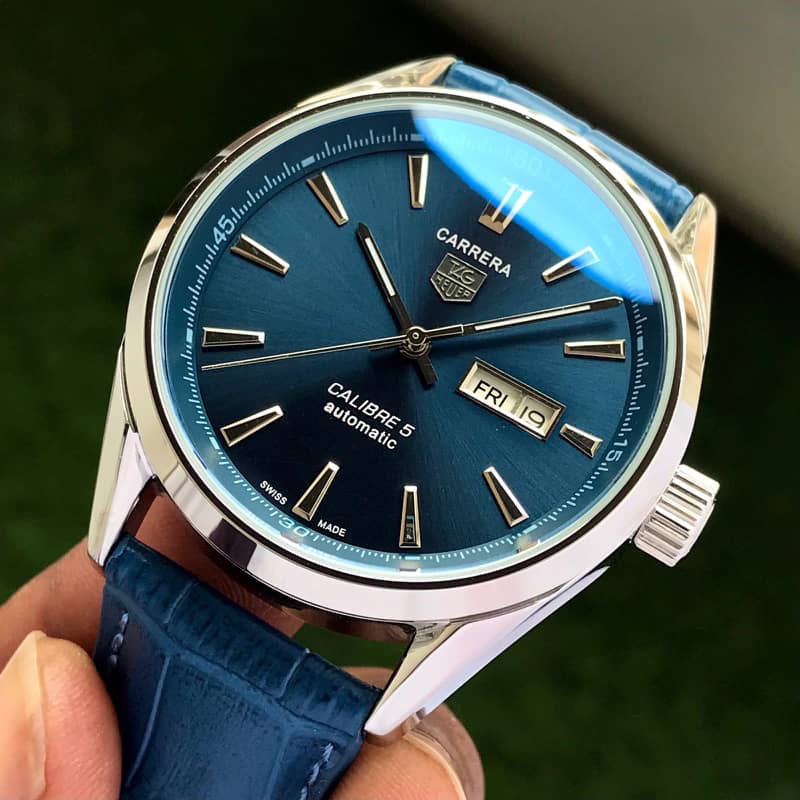 Tag Heuer Grand Carrera Calibre 5 Day Date Blue Dial & Blue Leather Strap Swiss Japanese Automatic Machinery Mens Watch